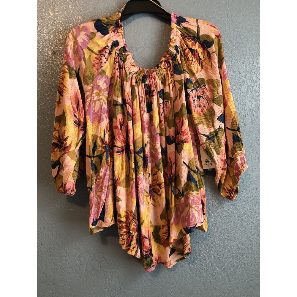Terra & Sky Womens Tunic Top 2X  3/4 Sleeve Pearl Blush Floral‎ Boho Cottage New